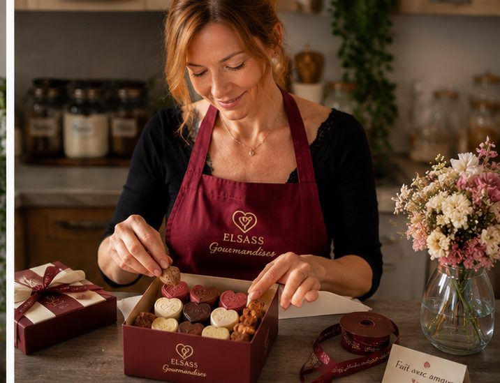 Préparation d'un coffret gourmand avec ruban et fleurs