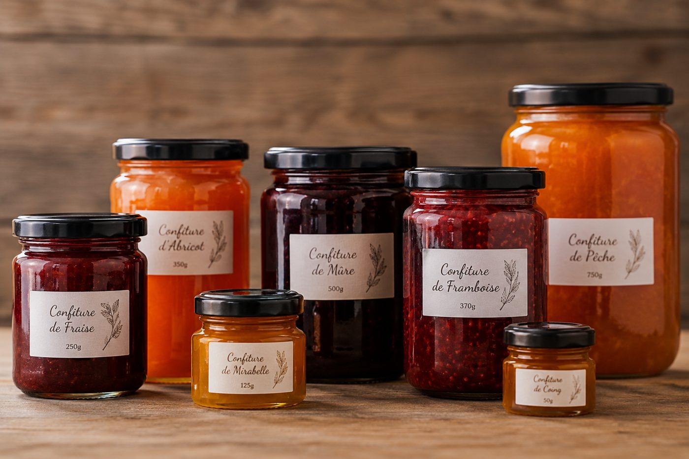 Confitures artisanales : fraise, abricot, mirabelle, mûre, framboise, pêche et coing