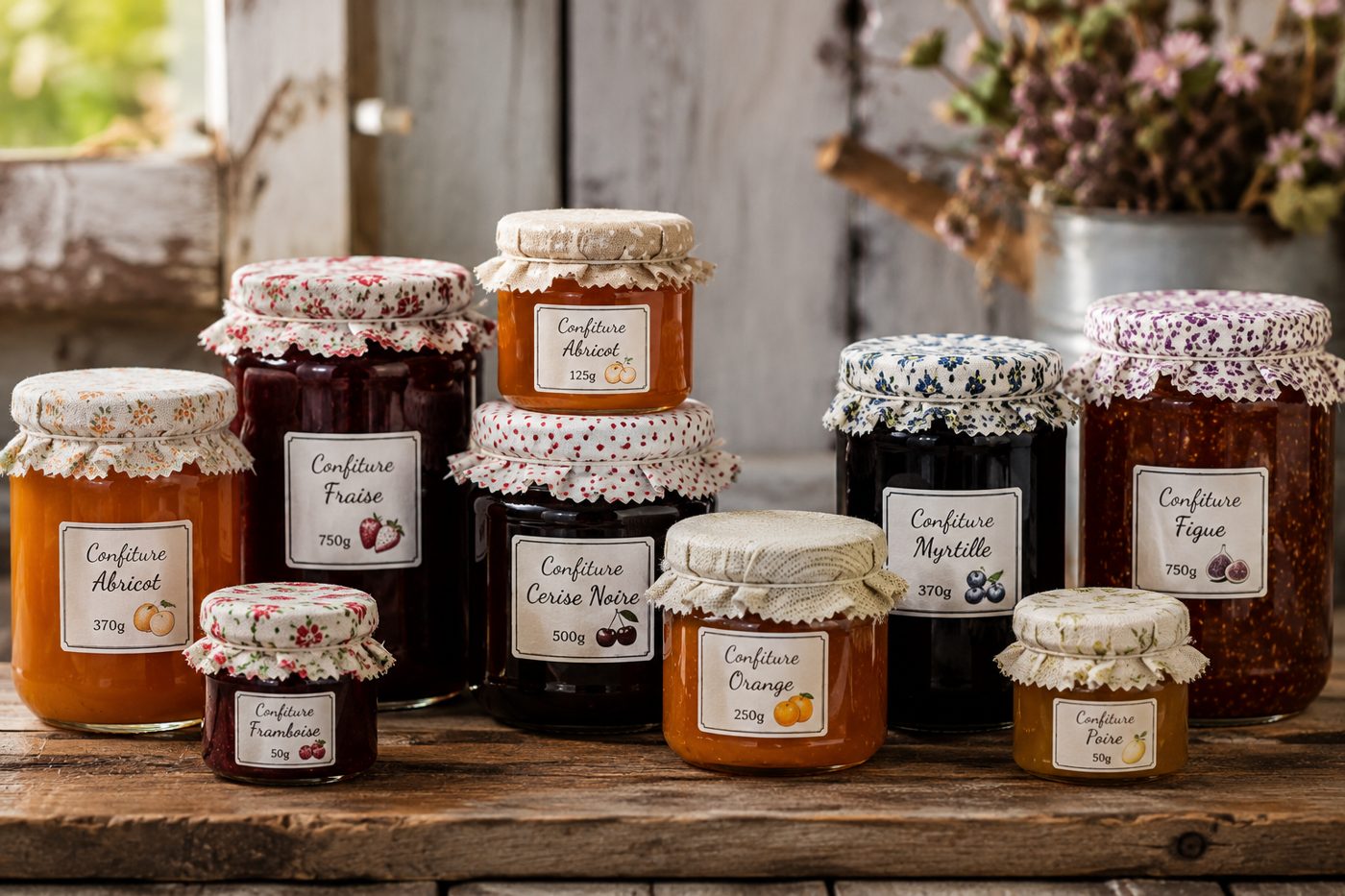 Pots de confitures maison aux couvercles en tissu fleuri : abricot, fraise, cerise noire, myrtille, figue