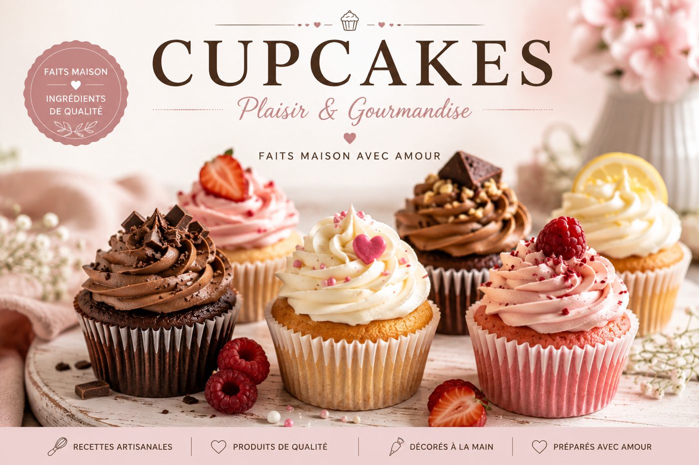 Cupcakes décorés à la main : chocolat, fraise, framboise et vanille