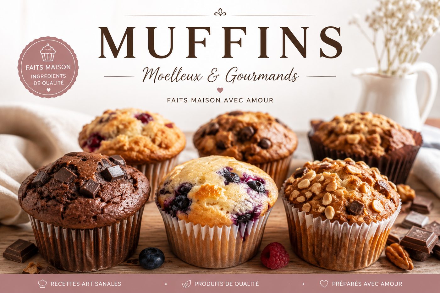 Assortiment de muffins faits maison : chocolat, myrtilles et noix